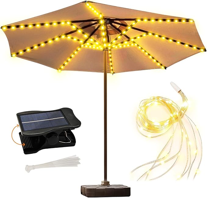 Solar Umbrella Lights, 8 Strands Patio Umbrella Lights Outdoor with 8 Modes 3V Solar Panel Clip 112 Led Outdoor Waterproof for Beach Deck Garden Camping Tents Party Decoration(Warm White)