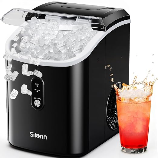 Silonn Nugget Ice Makers Countertop, 38lbs/24H Chewable Pellet Ice Machine with Self Cleaning Function, Portable Pebble Ice Maker with Ice Scoop for Home Kitchen Office, Black