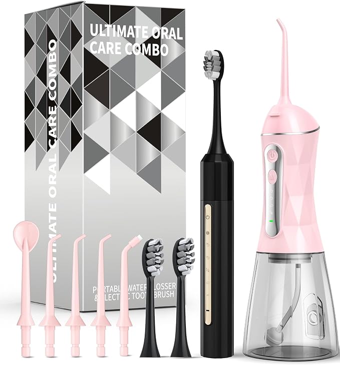 Water Flosser and Electric Toothbrush Combo,2-1 Oral Clean Kit, 5-Speed Sonic Electric Toothbrush & 4-Speed Portable Water Flosser to Clean Teeth and Protect Gum Health, IPX7 (Pink-Set)