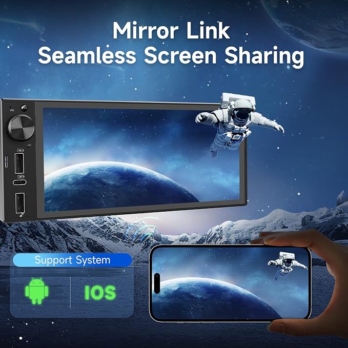 Single Din Car Stereo, 6 Inch Touchscreen Radio with CarPlay & Android Auto | Bluetooth, Mirror Link, Backup Camera, USB&Type-C, FM, SWC, EQ, Full Lamination Screen, Volume Knob