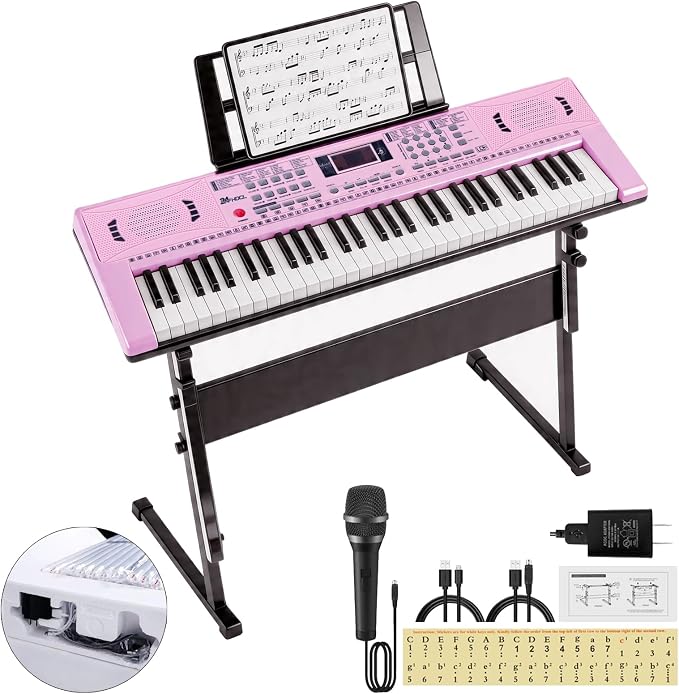 61 Key Keyboard Piano, Digital Kids Piano Keyboard with Stand, Gift for Early Education Children, Pink