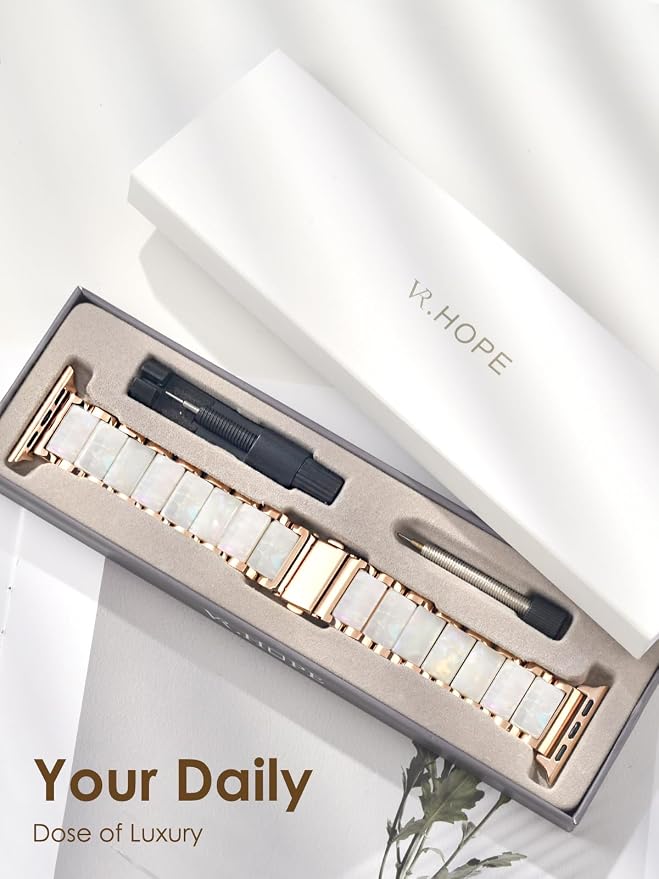 V.R.HOPE Apple Watch Band for Women 42mm 44mm 45mm 46mm 49mm Fashion Rose Gold Stainless Steel Metal Strap with Resin Inlay, Fashion Bracelet Compatible with iWatch Series Ultra3/11/10/9/8/7/6/SE (Fluorescent White+Rose Gold)