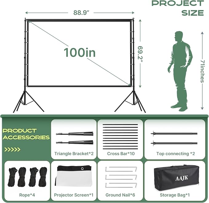 AAJK 100in Outdoor Projector Screen with Stand,Portable 16:9 4K HD Indoor Outdoor Projection Screen with Wrinkle-Free Design, Ideal for Home Theater and Backyard Cinema – Includes Carry Bag