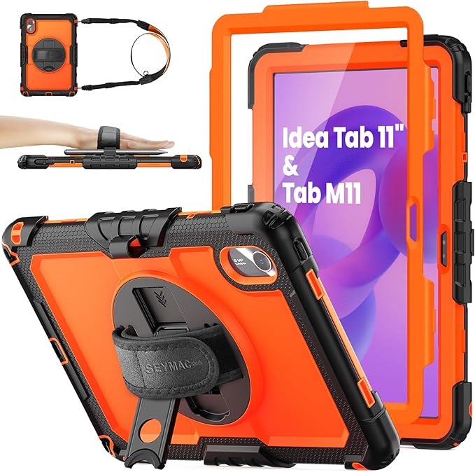SEYMAC stock Tablet Case for Lenovo Idea Tab 11'' / M11 (TB336FU/TB330FU) 11 inch Drop-Proof Protection Cover with 360° Rotate Stand & Strap [Pen Holder] & Screen Protector 2025/2024, Orange+Black