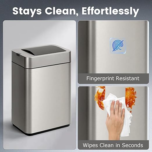 SYNCVIBE Sensor Trash Can with Butterfly Lid 2.6 Gallon Rectangular Automatic Garbage Can, Stainless Steel Trash Bin, Slim Waterproof Wastebaskets with Lid Soft Close for Under Counter, Silver
