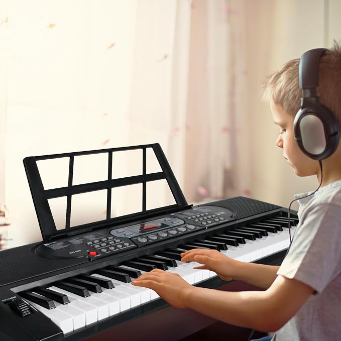 AQNIEGEP 61-Key Electric Keyboard Piano with Lighted Keys, Christmas Gifts, Premium Bundle: Stand, Bench, Mic,Headphones, Music Stand, Stickers, 70 Demos 200 Tones/Rhythms, Beginners/Adults