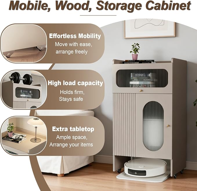 Robot Vacuum Stand Cabinet, Wood Storage Cabinet with Wheels & Doors for Robot Vacuum Cleaner, Hidden Storage Cabinet for Living Room, Easy Water Changing