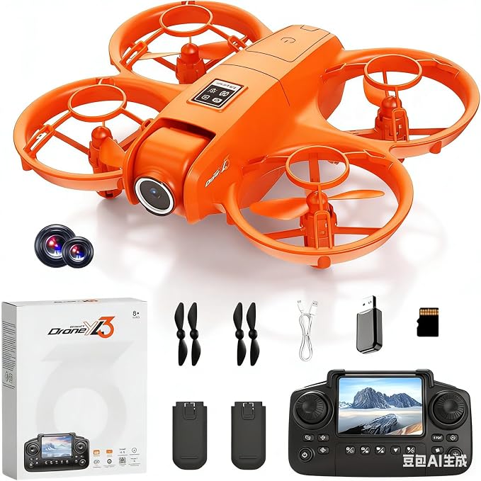 ikaufen YL3 Mini Drone with Dual Camera, Optical Flow Hover, 50X Zoom, 360° Stunt Roll, RC Quadcopter for Kids & Beginners with Screen Remote Control(YL3 screen control Orange)