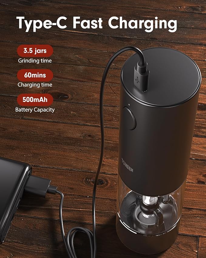 TOMEEM Upgraded Larger Capacity Electric Salt and Pepper Grinder Set Rechargeable with LED lights, Stainless Steel Automatic Pepper and Salt Grinder Refillable with 5 Adjustable Coarseness Black