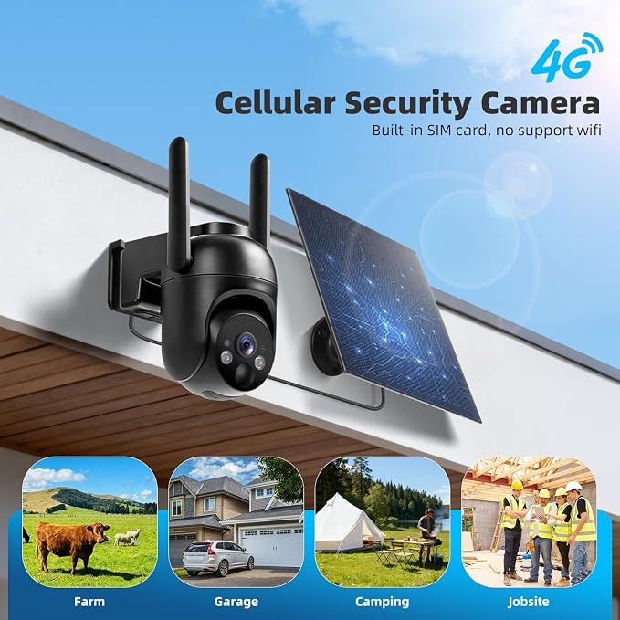 4G LTE Cellular Security Cameras Solar Powered No WiFi Security Camera Outdoor Wireless Built-in SIM Card 2K Color Night Vision 360° View Motion Detection 2-Way Audio 2 Packs