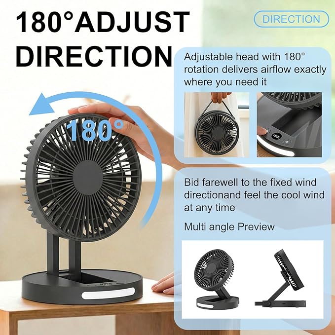 Qoqooice Portable Fan, 3600 mAh Rechargeable Battery Operated Fan with 5 Speeds, USB Powered, Quiet Personal Desk Fan for Office Home, Outdoor, Camping, Travel (Black)