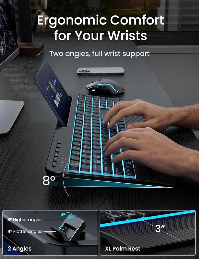 Wireless Keyboard and Mouse Combo,SABLUTE KM25Pro Rechargeable Backlit Ergonomic Keyboard with 4000mAh Battery, Wrist Rest and Phone Holder, Quiet for PC/Mac/Laptop/Windows/Chrome OS