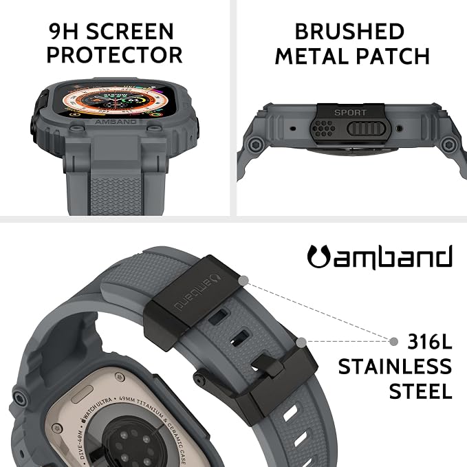 amBand Bands Case Screen Protector Compatible with Apple Watch Ultra 3/2/1 49mm, M1 Sport Series Rugged Cover Strap and 9H Tempered Glass Film, Protective Bumper for iWatch 49 mm Men Gray