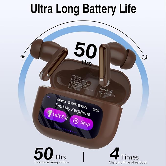 Thunelec Wireless Earbuds with Touch Screen, 2026 New Bluetooth 5.4 Headphones with ANC/ENC Mic, 50H HiFi Stereo Ear Buds with 5 EQ Modes, Transparency Mode, IPX7 Earphones for Running, Brown