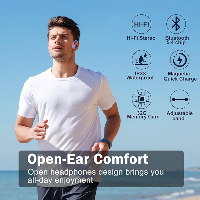 Swimming Headphones-Bone Conduction Headphones, IP68 Waterproof Open Earphones, LiteSurge Bluetooth 5.4 Underwater Sport Earbuds with 32 GB MP3 Memory for Swimming, Marathon-Purple