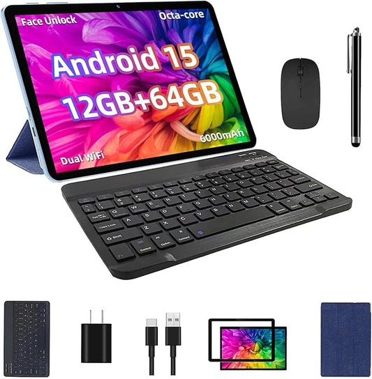 TUOHAITIME Android 15 Tablet, 12GB+64GB+1TB Expand, 10inch Tablet Bundle with Keyboard Case, Stylus Pen, Octa-core CPU, Dual Camera, WiFi6, 6000mAh Battery+18W Fast Charge, Support Face Unlock,Blue