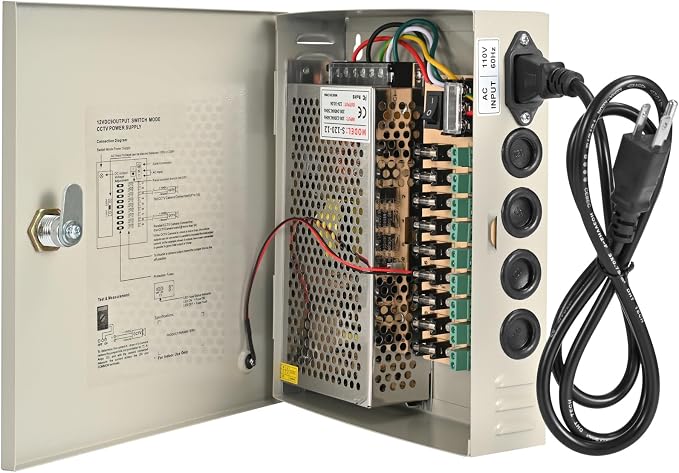 CCTV Power Supply Box 9 Channel 12V 10A, Lockable Metal Power Distribution with Resettable Fuse for Security Cameras DVRs