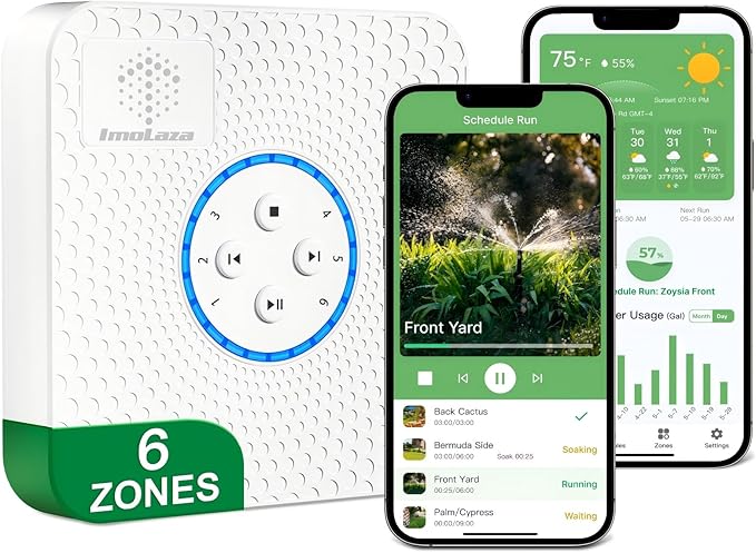 ImoLaza Indoor Smart Sprinkler Controller, ET Automatic Watering Irrigation Controller,2.4GHz WiFi, Ultra Water Saving via Rain/Wind/Freeze/Saturation Skip, App Remote Control & Fault Alerts (6-Zone)