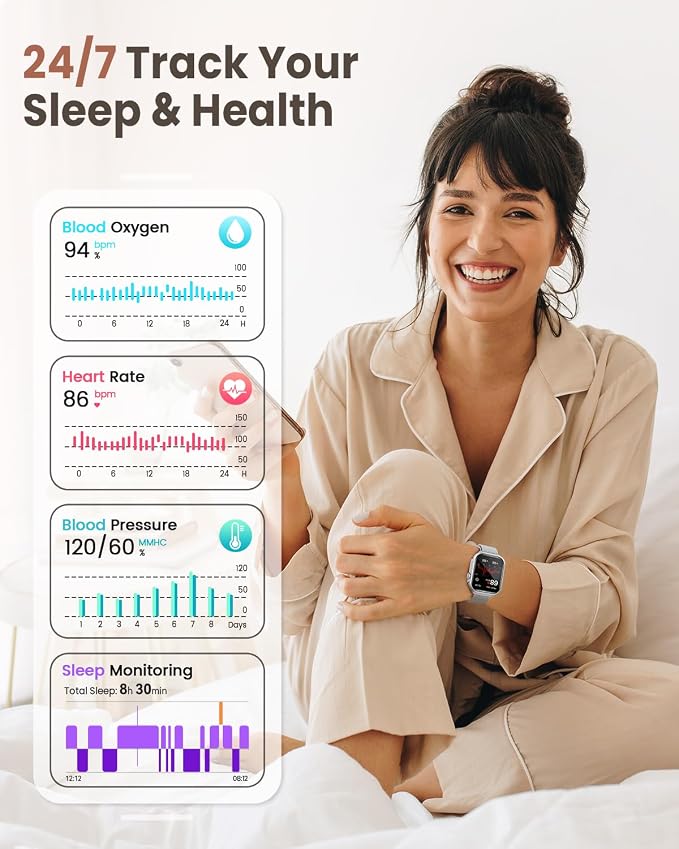 1.83" HD Smart Watch, 30 Days Battery Life, Sleep/Heart Rate/SpO2/Blood Pressure Monitor, Calls/Messages/Notifications, 5ATM 110+ Sports Modes Fitness Tracker Watch, for Women & Men/ Android & iPhone