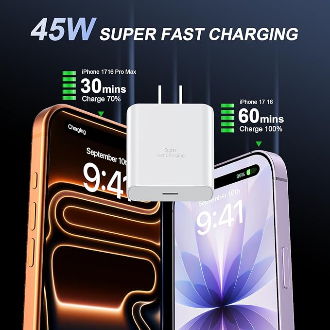 Phone 17 16 Pro Max Charger Fast Charging, 45W USB C Phone 17 16 Super Fast Charger Block with 6.6ft Long Type C Charging Cable Cord for i.Phone 17 Pro Max/17 Pro/17 Air/17/16/16Pro/16-White+Black