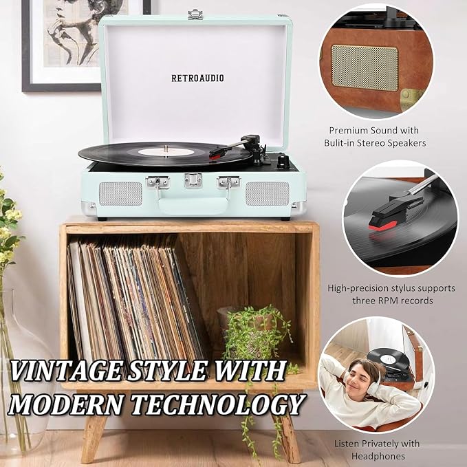 Vinyl Record Player Bluetooth Vintage Portable Suitcase Turntable with Built-in Speakers LP Player Support RCA Output and Headphone Output Light Cyan