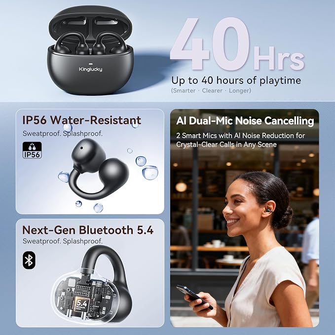 Kinglucky Upgraded Clip-On Earbuds Comfortable fit & Crystal-Clear Sound, 40H Playtime Open Ear Buds Bluetooth 6.0 Wireless Headphones for Women Ideal for Small Ears,Sports,Workouts,Glasses Black