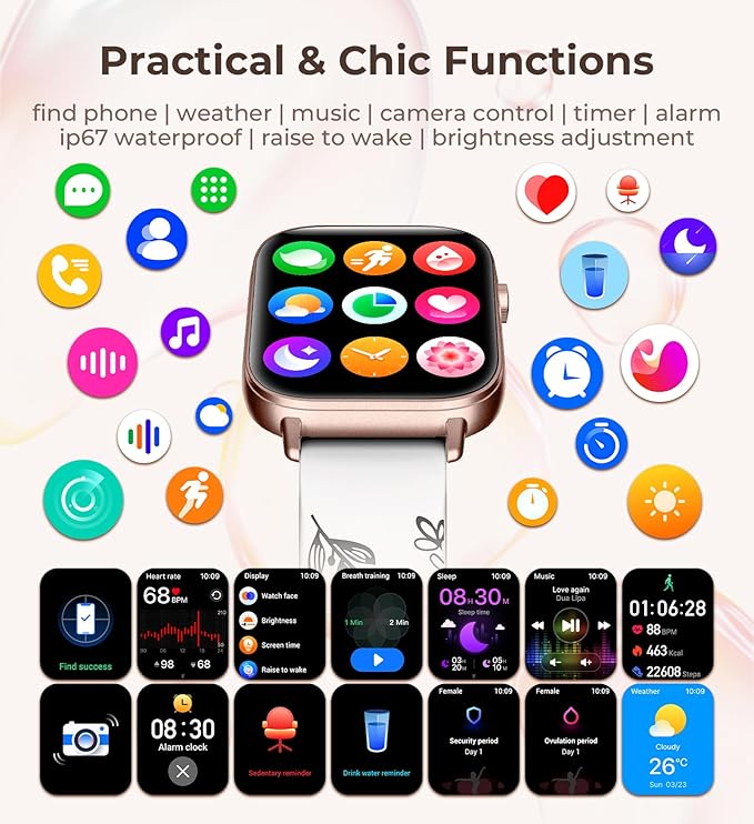 Iaret Smart Watch for Women, 1.83" HD Fitness Tracker with 4 Bands, Answer/Make Calls, Heart Rate/Sleep/SpO2/Step Tracking, 100+ Sport Modes, Android/iPhone Compatible Gift (Black Gold)