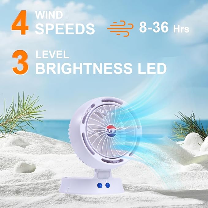 Rechargeable Camping Fan with Light - Solar Powered, USB/Battery Operated, 10400mAh, 4-Speed Adjustable, LED Lantern, Suitable for home and outdoor use.