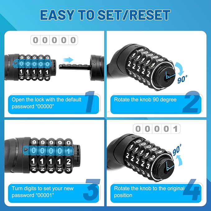 APECYC Bike Lock Heavy Duty Anti Theft, 3/4/5/6FT Bike Chain Lock with 5 Digit Resettable Combination, Bicycle Lock for E Bike, Scooter & Motorcycle, Cut Resistant Security Chain with Protective Cover