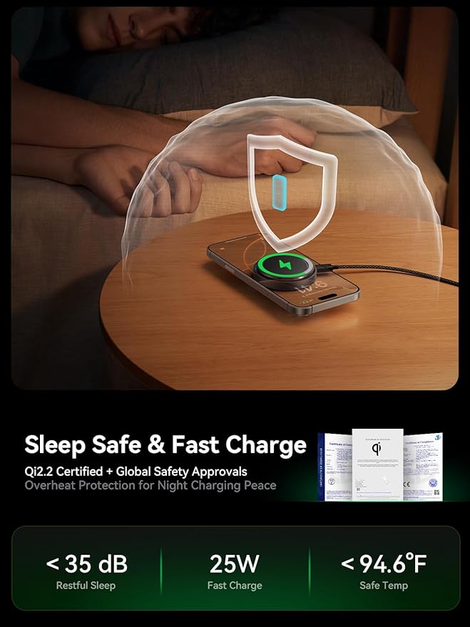 THREEKEY Qi2.2 Magnetic Wireless Charger: 25W Fast Charging Pad with Cooling Fan, Wireless Phone Charger with 6.6ft Cable for iPhone 17/16/15/14/13/12 Series(Adapter Not Included)