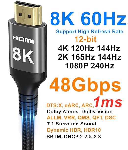 Ubluker 8K HDMI Cable 33 FT Long, Nylon Braided High Speed HDMI® Cable 4K 120Hz 2K 165Hz 8K 60Hz 12bit eARC ARC Dolby Atmos HDR10+ HDCP2.3 Compatible for Gaming PC TV Soundbar Monitor Mac PS5 Xbox