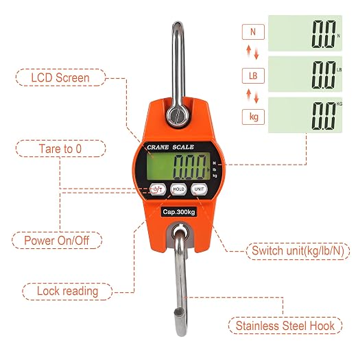 660lb/300kg Digital Crane Scale - Compact LCD Handheld Hanging Scale for Garage, Farm, Hunting, Fishing & More(300kg/Aluminium Alloy/Orange)