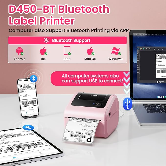 D450BT Bluetooth Shipping Label Printer and 250Pcs Roll Thermal Labels, Wireless Thermal Label Printer for Small Business, Thermal Printer for Shipping Labels