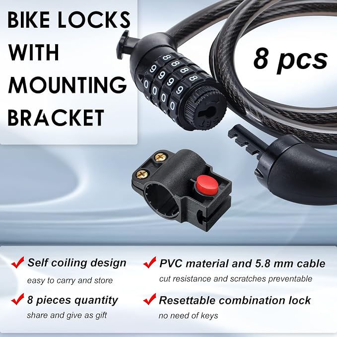 Hotop 8 Pcs Bike Locks Bulk High Security 4 Digit Heavy Duty Bicycle Cable Locks with Mounting Bracket 4 Ft Resettable Coiling Bike Lock with Combination, 1/2 Inch Diameter(Black)