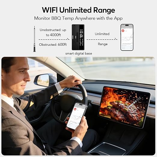 BBQOVN Smart WiFi Wireless Meat Thermometer, Sub-1G Long Range 1000FT, 7 NIST Certified Sensors in 1 Thinner Probe ±0.5℉ Accuracy, Standalone Base with App (Dark Gray) | Unlimited Range Sub-1G IP68 Waterproof Large Magnetic Base Display for Grill, Smok...