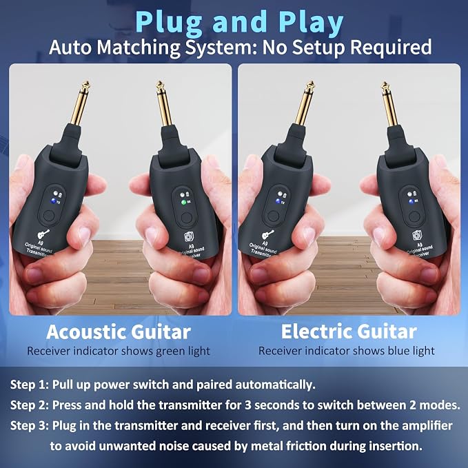 2.4GHz Wireless Guitar System Rechargeable Audio Wireless Transmitter Receiver for Guitar Bass Electric Instruments,Over 30m/100 Feet Transmission,270°Rotatable,4hours Woring Time（A9 Black）