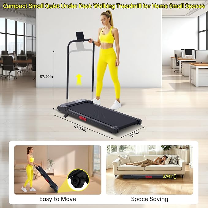 Walking Pad with Handle Bar, 2026 Upgrade Compact Portable Small Treadmill with Handles for Home Office Small, 3.0HP Electric Under Desk Mini Walking Pad Treadmill with Incline, 0.6-7.6MPH, 350LBS