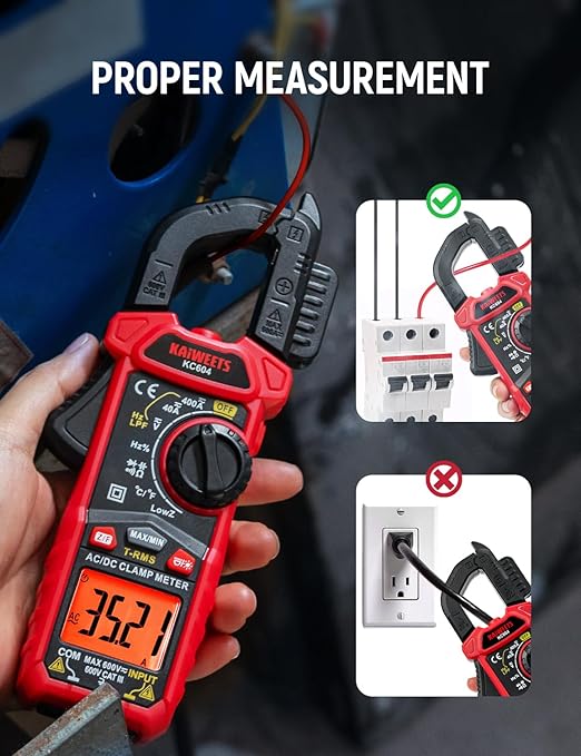 KAIWEETS Digital Clamp Meter Multimeter with D-Shaped Jaw for AC/DC Current & Voltage, Auto-ranging 4000 Counts Voltage Tester with Flashlight Backlight, Measuring Temperature Continuity Diode NCV