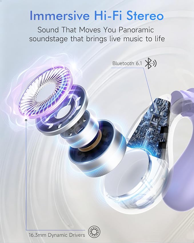 Upgraded Clip-on Ear Earbuds, Bluetooth 6.1 Wireless Open Ear Headphones, Comfortable Fit with Crystal Clear Sound, 50-Hour Battery Life, Open-Ear Wireless Headphones for Gym & Outdoor Sports,Purple