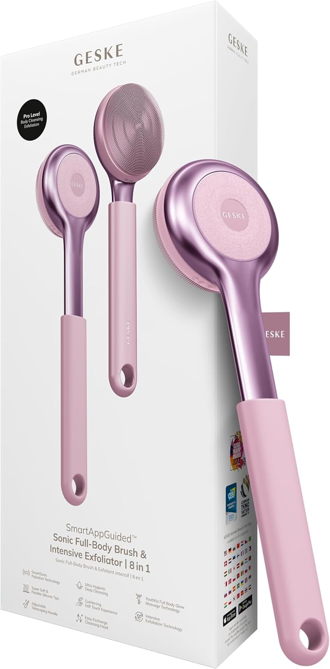 GESKE Sonic Full-Body Brush & Intensive Exfoliator | 8 in 1 | Electric Body Cleansing Brush | With SmartSonic Pulsations | Deep Cleansing, Exfoliation, Massage | Extendable Handle | Rough Skin Remover