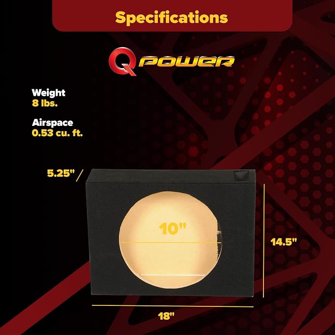 QPower Single 10-Inch Vented Subwoofer Box, Features 0.53 Cubic Feet of Airspace, Solid 5/8-Inch MDF Construction