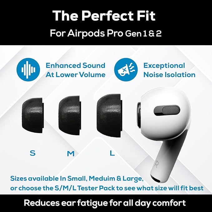 SONICFOAM (SFAir-1-2 Pro Small/Medium/Large Black) Memory Foam Earbud Tips - Compatible with AirPods Pro 1st & 2nd Gen - (6 Pack / 3 Pairs)
