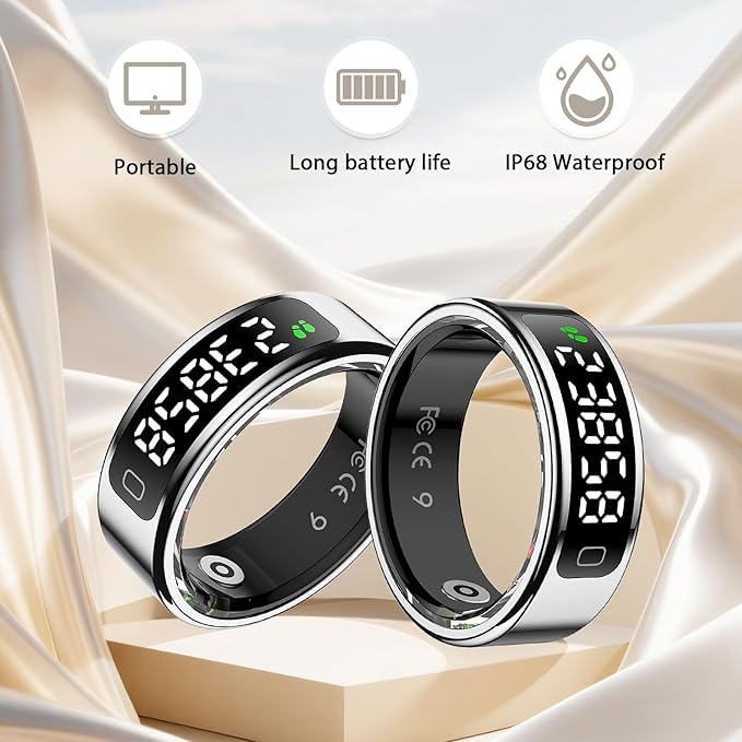 Smart Ring for Women Men, Health Fitness Tracker with Touchscreen Display, Heart Rate/Blood Oxygen/Sleep Monitor, Activity Tracker, 1ATM Waterproof, Compatible with iPhone & Android (Sliver, 8)