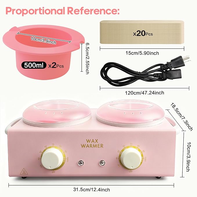 Wax Warmer for Hair Removal, Dual Pot Wax Melter Machine with Silicone Bowls & 20 Wooden Sticks, Adjustable Temperature Pink Wax Heater for Home Spa & Salon Use