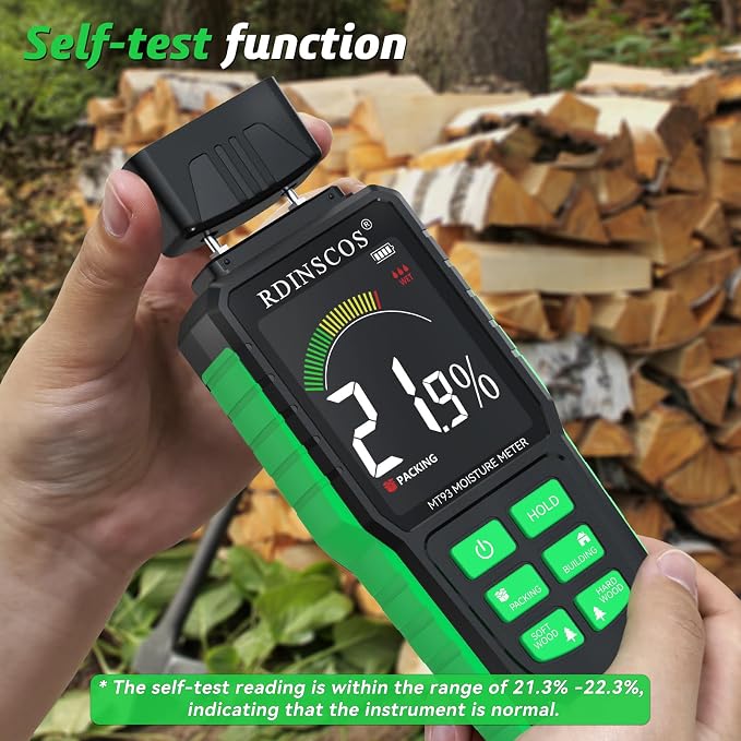RDINSCOS Rechargeable Moisture Meter for Wood, Walls & Hardwood | Pin-Type Digital Moisture Tester, Large Color Display, Automatic Alarm, Calibration & HOLD Function for Firewood,Lumber