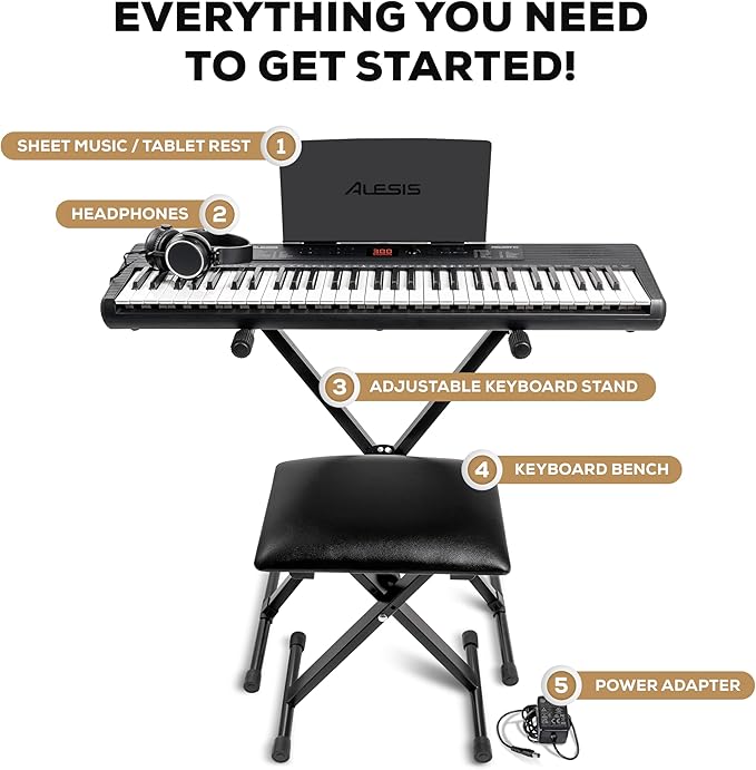 Alesis Melody 61 MK4 Keyboard Piano for Beginners with 61 Keys, Speakers, Stand, Bench, Headphones, Tablet/Sheet Music Stand, 300 Sounds and Music Lessons