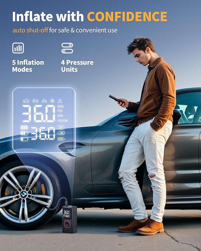 Powools Tire Inflator Portable Air Compressor, 150 PSI Cordless Bike Pump, Air Pump for Auto, Motorcycle, Bicycle, Balls with Pressure Gauge, LED Light & Car Accessories, Black, Standard Capacity