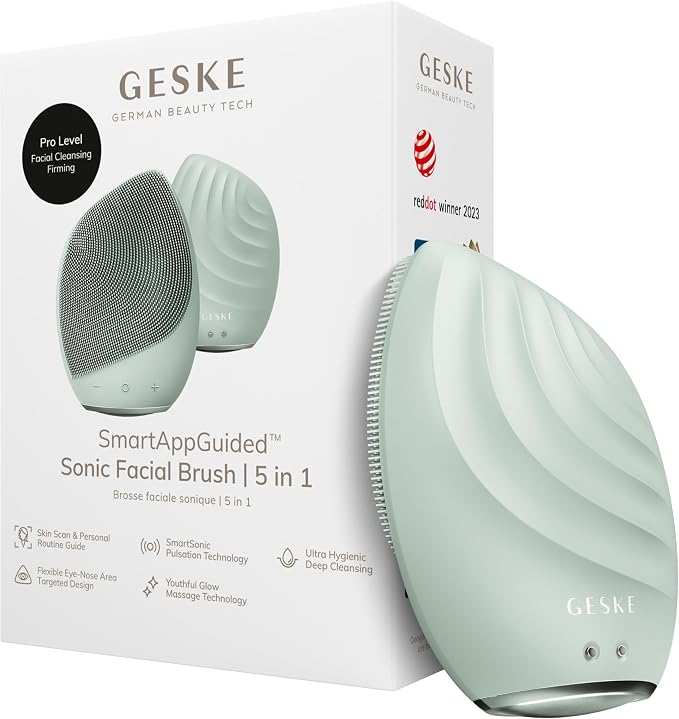 GESKE SmartAppGuided™ Sonic Facial Brush 5 in 1 | Vibrating Electric Facial Cleansing Brush | Soft Silicone Brush | Professional Facial Cleanser | Skin Cleanser & Exfoliator | Face Massager
