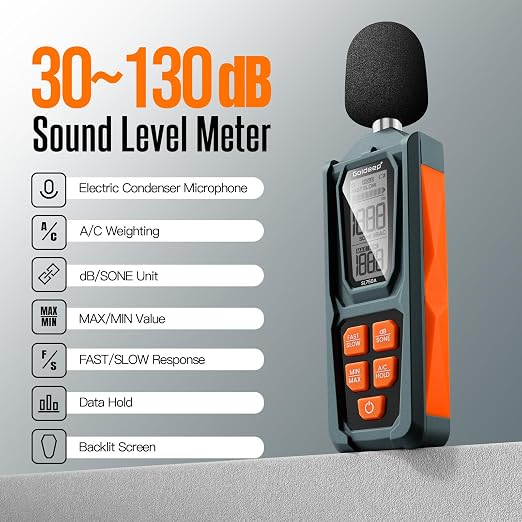 Decibel Meter, Goldeep SL750A Digital Sound Level Meter 30-130dB, A/C Weighted DB Meter with dB/SONE, Fast/Slow, MAX/MIN, LCD Sound Meter for Home, Office, Factory, Neighbor Noise - Vitality Orange