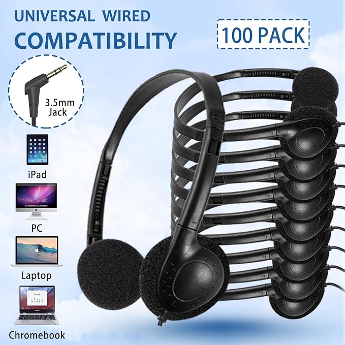 Bulk Classroom Headphones for Kids Student School-100 Pack, Wired On-Ear Headphones for Chromebook Laptop Computer, K-12, Class Set(Black)